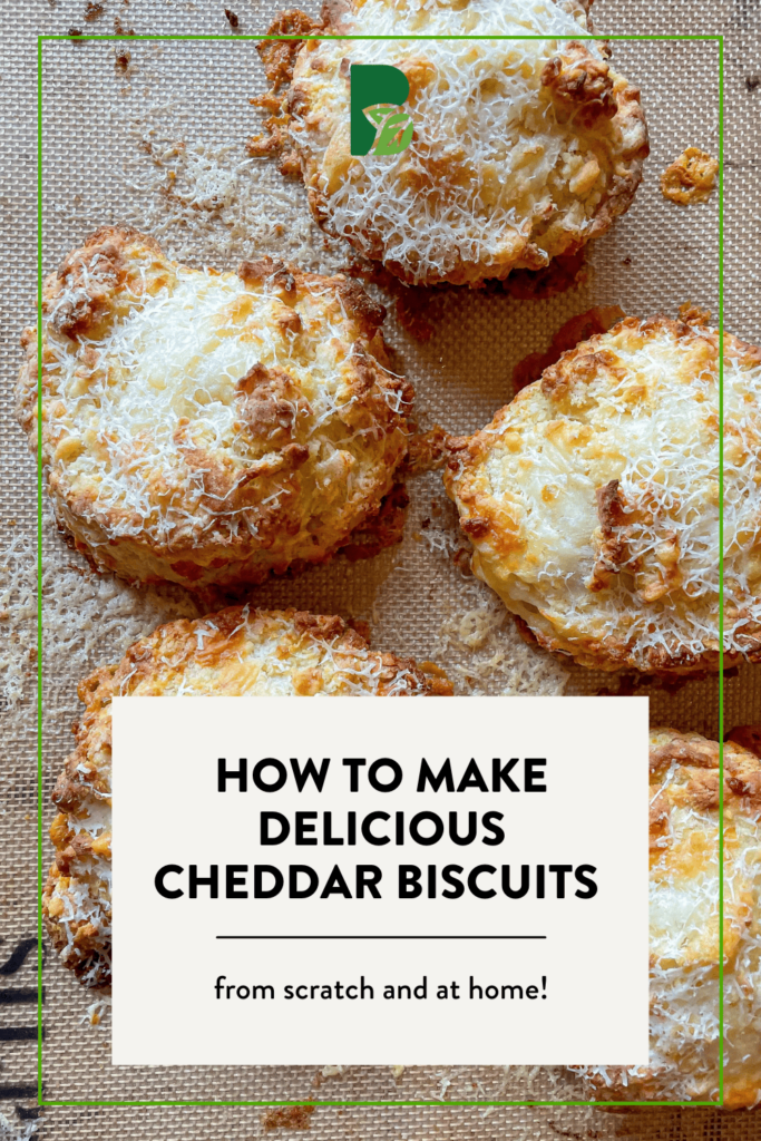 five buttermilk cheddar biscuits with text overlay that reads "How to make delicious cheddar biscuits"